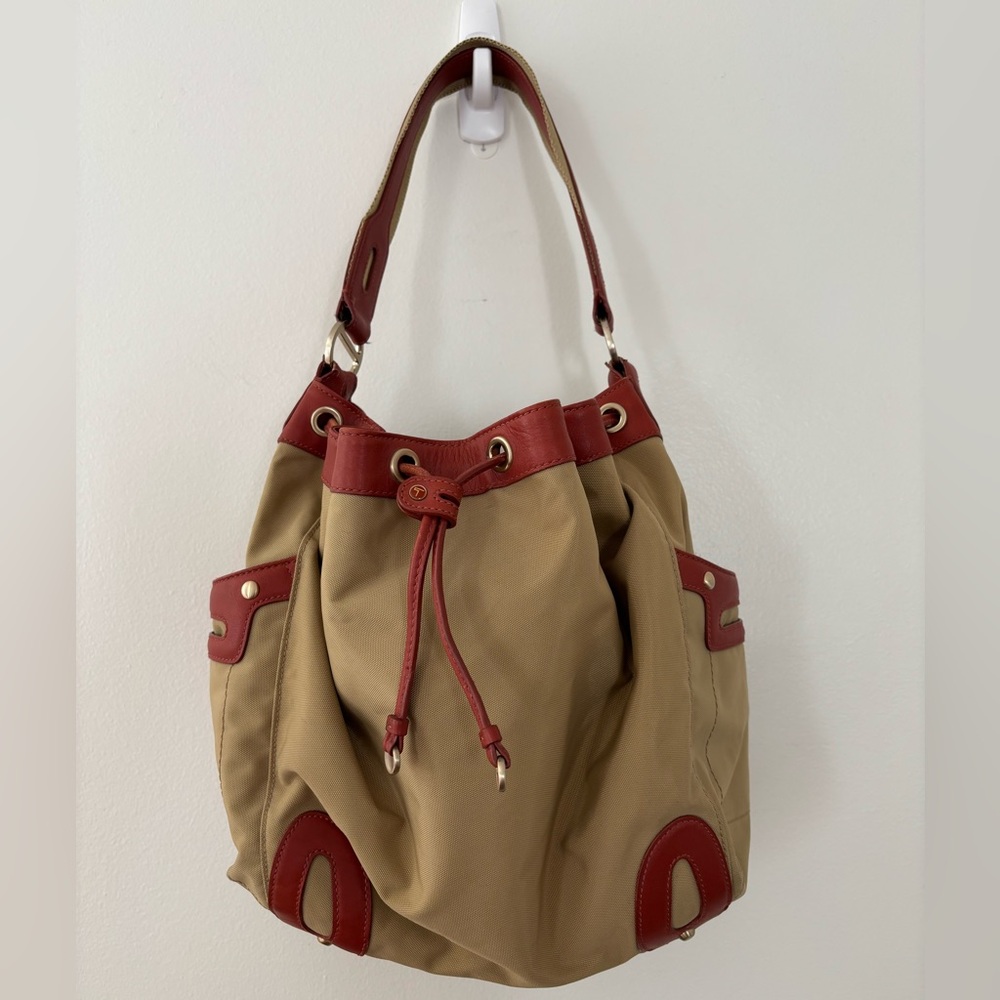 Vintage Tumi Bucket Bag Drawstring Nylon Tan Brown